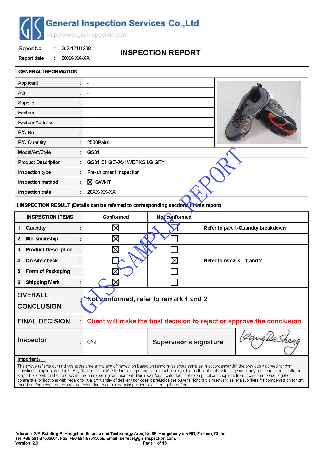 sample report for shoes inspection