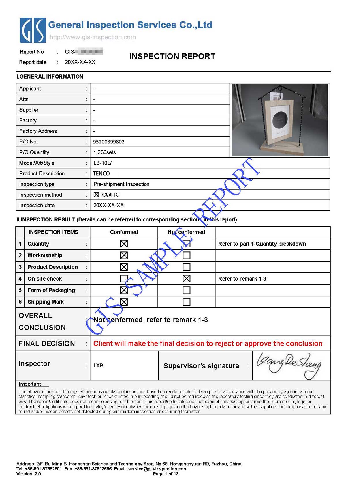 report sample for home decoration product inspection