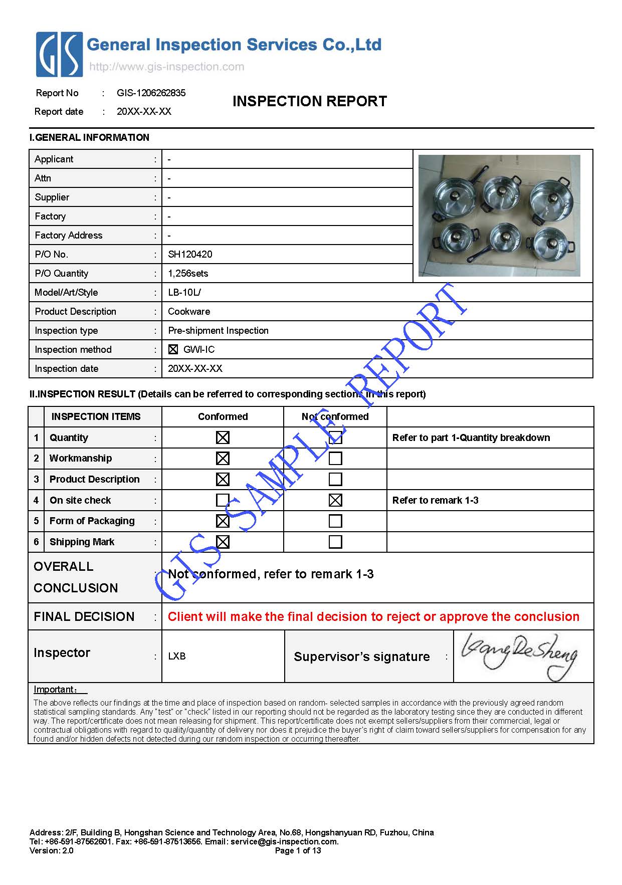 Sample report for stainless pan