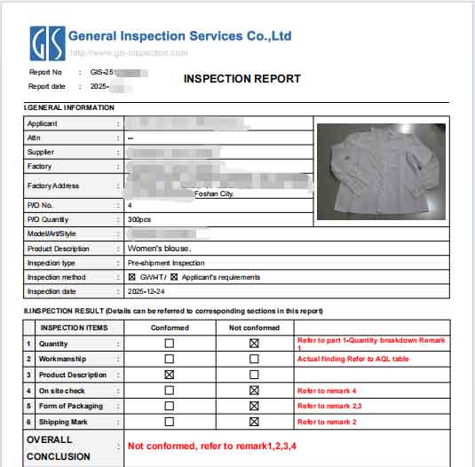 GIS garment Inspection report for the russia customer