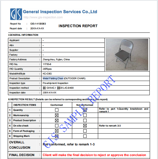 outdoor chair pre shipment Inspection report