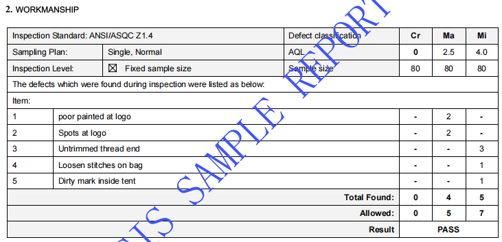 tent pre shipment Inspection Workmanship inspection