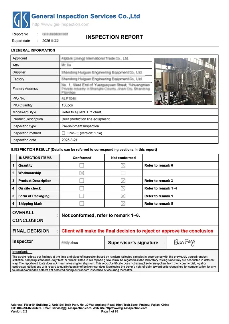  final pre-shipment inspection on customized beer production line equipment in China for a Germany client