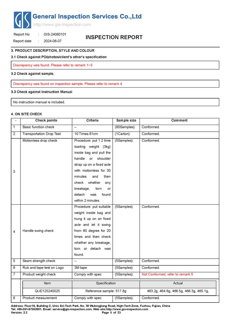 GIS Inspection - Bag On-Site Test Report