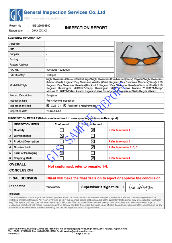 sunglass quality inspection report sample